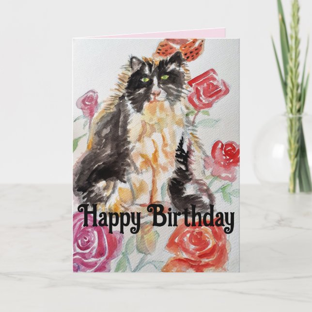 Tuxedo Cat Cute Roses Flowers Cats Watercolor Rose Card (Front)