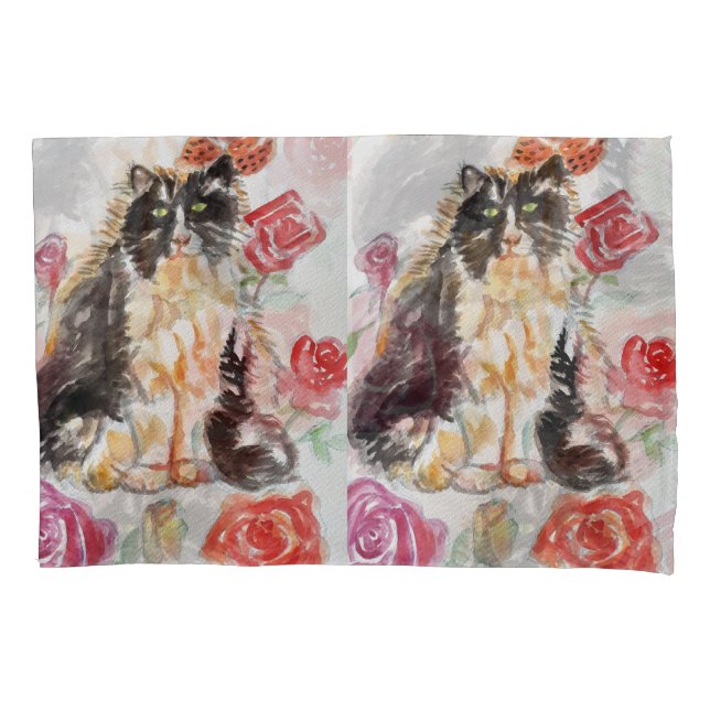 Tuxedo Cat Cute Roses Flowers Cats Watercolor Rose Pillowcase (Front)