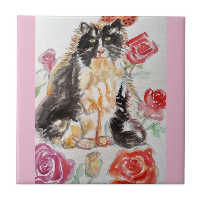 Tuxedo Cat Cute Roses Flowers Cats Watercolor Rose Tile (Front)