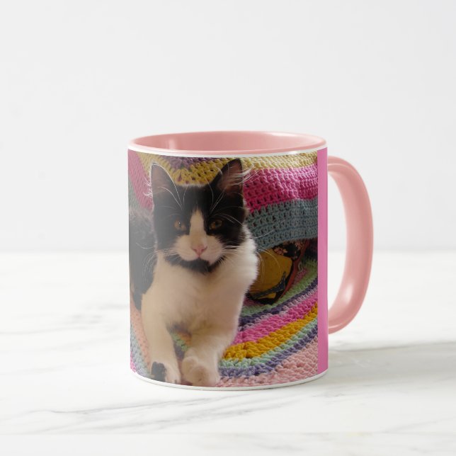 Tuxedo Cat Cute with Pretty Crochet Rug Thank You Mug (Front Right)
