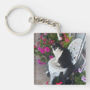 Tuxedo Cat Cute with Pretty Flowers Black Cats Key Ring