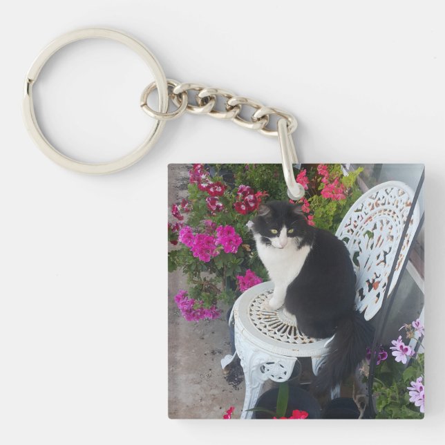 Tuxedo Cat Cute with Pretty Flowers Black Cats Key Ring (Front)