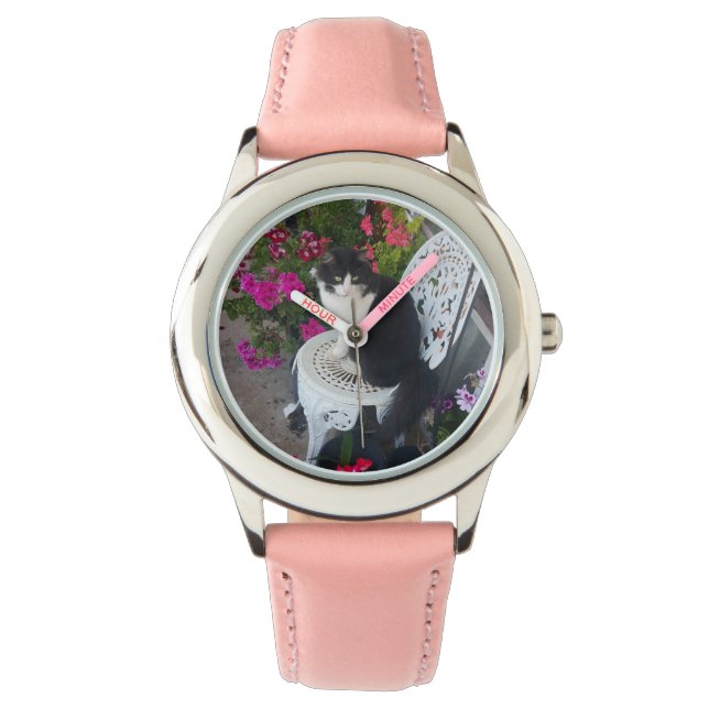 Tuxedo Cat Cute with Pretty Flowers Black Cats Watch (Front)