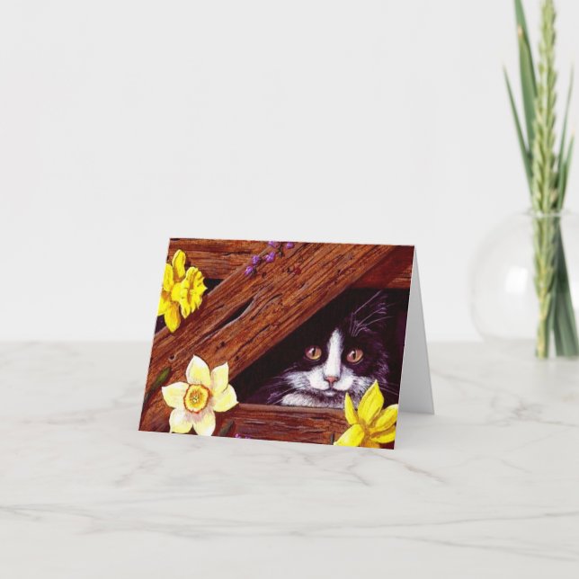 Tuxedo Cat Daffodils Art Creationarts Card (Front)