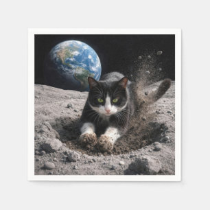 Tuxedo Cat Digging a Moon Crater Napkin
