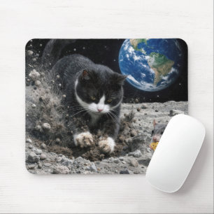 Tuxedo Cat Digging a Moon Crater with Mouse Pad