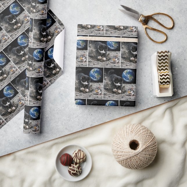 Tuxedo Cat Digging a Moon Crater with Mouse Wrapping Paper (Crafts)