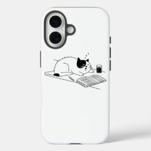Tuxedo Cat Falling Asleep While Studying Books iPhone 16 Case