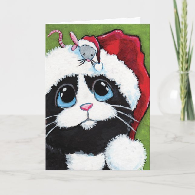 Tuxedo Cat & Festive Mouse Christmas Card (Front)