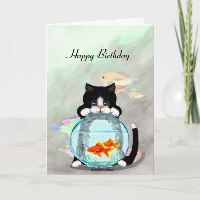 Tuxedo Cat Fishing Birthday Card (Front)