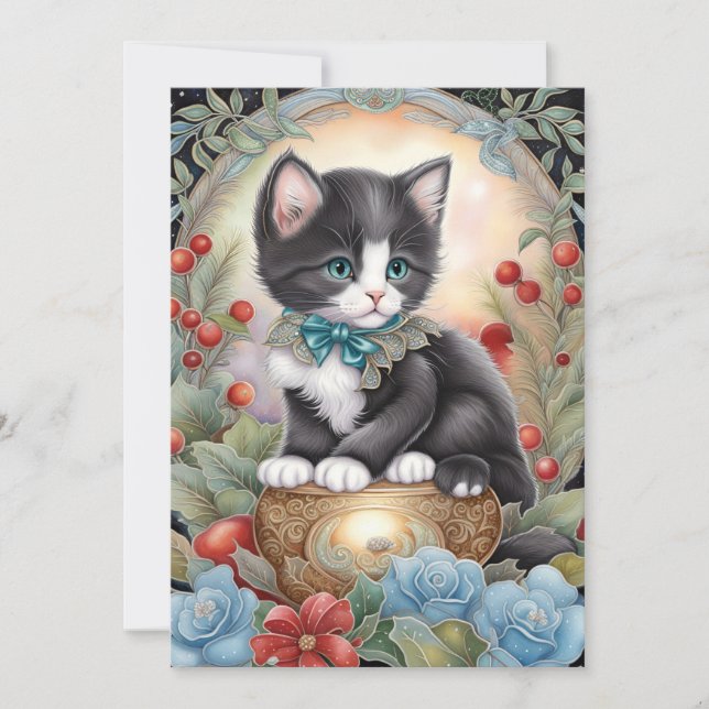 Tuxedo Cat Floral Art Nouveau  Holiday Card (Front)