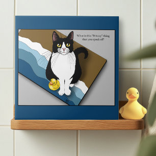 Tuxedo Cat Funny Bathroom Privacy Blue Tile
