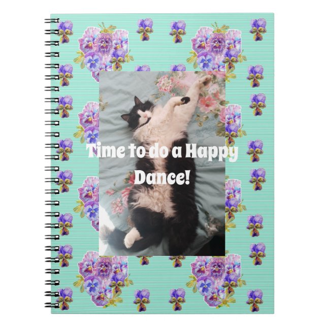 Tuxedo Cat Funny Cute Floral Aqua Happy Notebook (Front)
