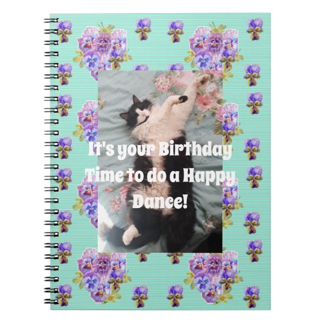 Tuxedo Cat Funny Cute Floral Aqua Stripe Notebook (Front)
