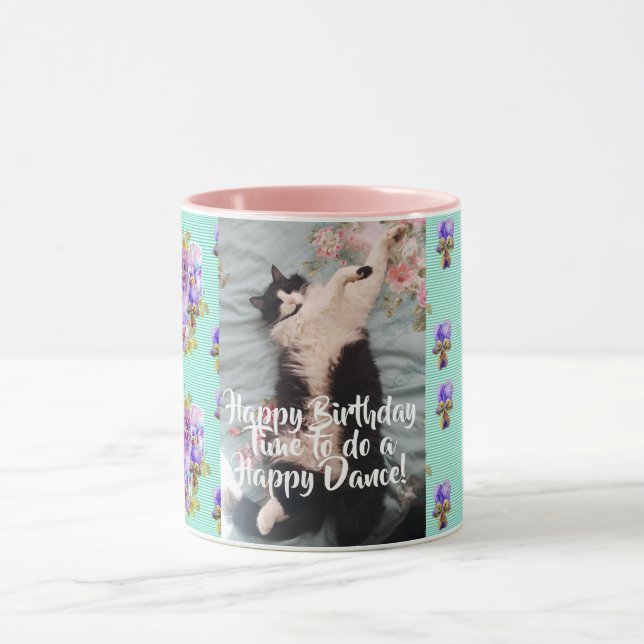 Tuxedo Cat Funny Happy Dance Birthday Mug Aqua (Center)
