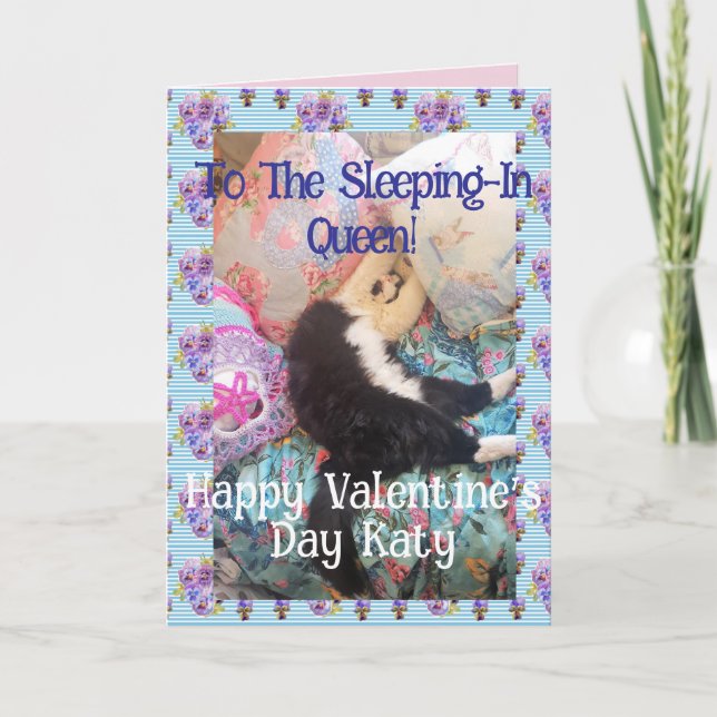 Tuxedo Cat Funny Valentines Day Sleeping In Queen Card (Front)