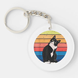 Tuxedo Cat Gift Retro Colors for Animal Lovers Key Ring