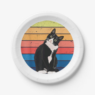 Tuxedo Cat Gift Retro Colors for Animal Lovers Paper Plate