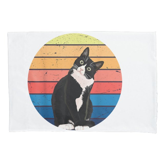 Tuxedo Cat Gift Retro Colours for Animal Lovers Pillowcase (Front)