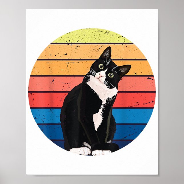 Tuxedo Cat Gift Retro Colours for Animal Lovers Poster (Front)