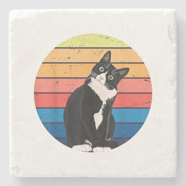 Tuxedo Cat Gift Retro Colours for Animal Lovers Stone Coaster (Front)