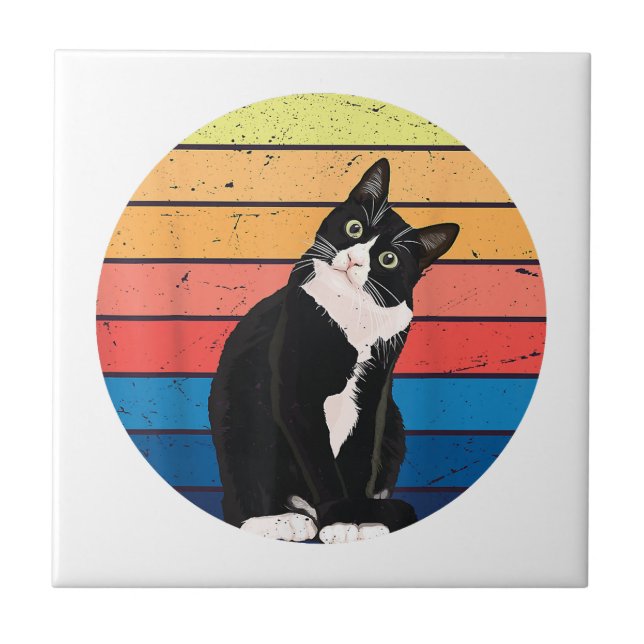 Tuxedo Cat Gift Retro Colours for Animal Lovers Tile (Front)
