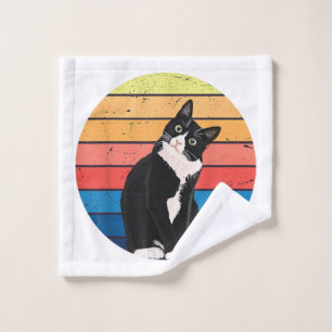 Tuxedo Cat Gift Retro Colours for Animal Lovers Wash Cloth