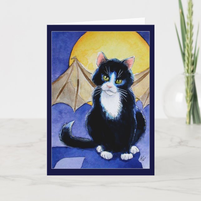 Tuxedo Cat Halloween Gargoyle card or invitation (Front)