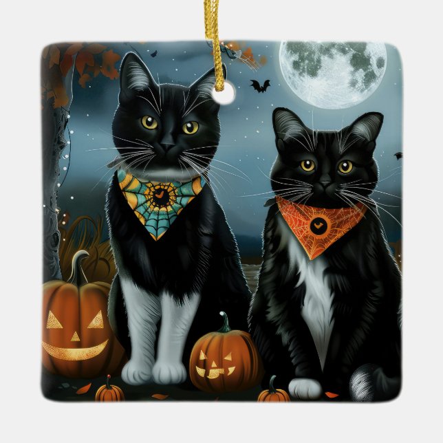 Tuxedo Cat Halloween Spooky Ceramic Ornament (Front)