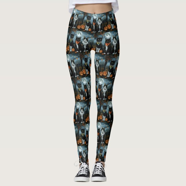 Tuxedo Cat Halloween Spooky Leggings (Front)
