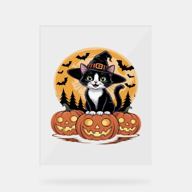 Tuxedo Cat Halloween Witch Cute Pumpkins Essential Acrylic Sign (Front)