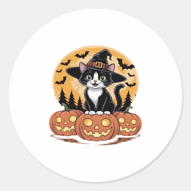 Tuxedo Cat Halloween Witch Cute Pumpkins Essential Classic Round Sticker (Front)