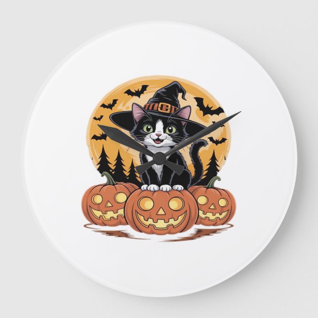 Tuxedo Cat Halloween Witch Cute Pumpkins Essential Large Clock (Front)