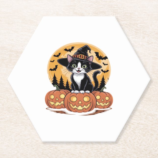 Tuxedo Cat Halloween Witch Cute Pumpkins Essential Paper Coaster (Front)