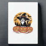 Tuxedo Cat Halloween Witch Cute Pumpkins Essential Plaque<br><div class="desc">Tuxedo Cat Halloween Witch Cute Pumpkins Essential T-Shirt</div>