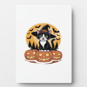 Tuxedo Cat Halloween Witch Cute Pumpkins Essential Plaque