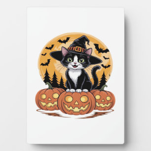 Tuxedo Cat Halloween Witch Cute Pumpkins Essential Plaque