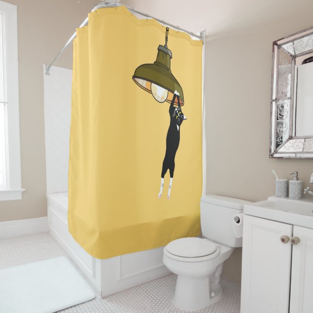 Tuxedo Cat Hanging on Lamp Shower Curtain (In Situ)