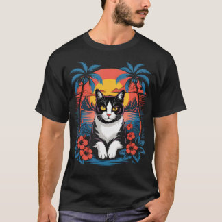 Tuxedo Cat Hawaiian Summer Tropical Beach T-Shirt