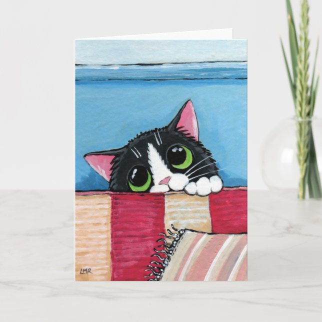 Tuxedo Cat Hiding | Cat Art Greeting Card (Front)