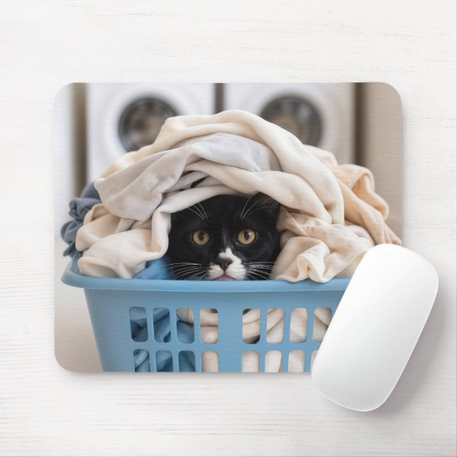 Tuxedo Cat Hiding in Laundry Basket Mouse Pad (With Mouse)