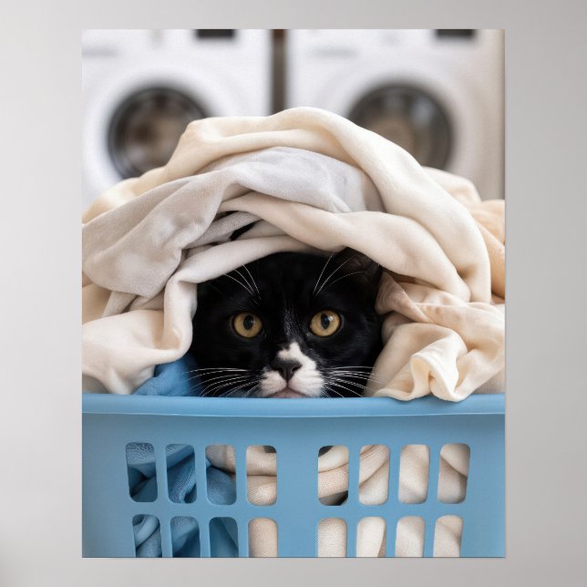 Tuxedo Cat Hiding in Laundry Basket Poster (Front)