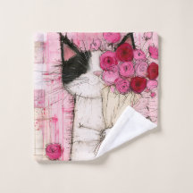 Tuxedo Cat Holding Pink Rose Bouquet
