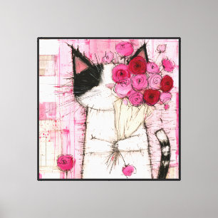 Tuxedo Cat Holding Pink Rose Bouquet Canvas Print