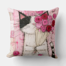 Tuxedo Cat Holding Pink Rose Bouquet