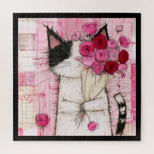 Tuxedo Cat Holding Pink Rose Bouquet Jigsaw Puzzle