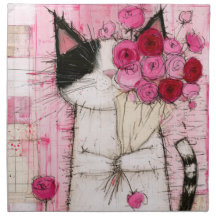 Tuxedo Cat Holding Pink Rose Bouquet