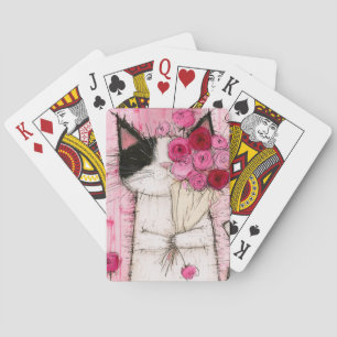 Tuxedo Cat Holding Pink Rose Bouquet Playing Cards