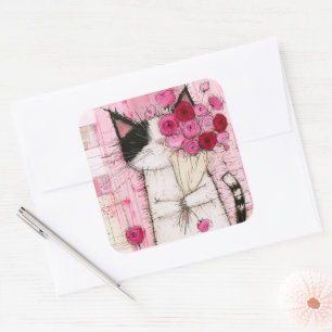 Tuxedo Cat Holding Pink Rose Bouquet Square Sticker