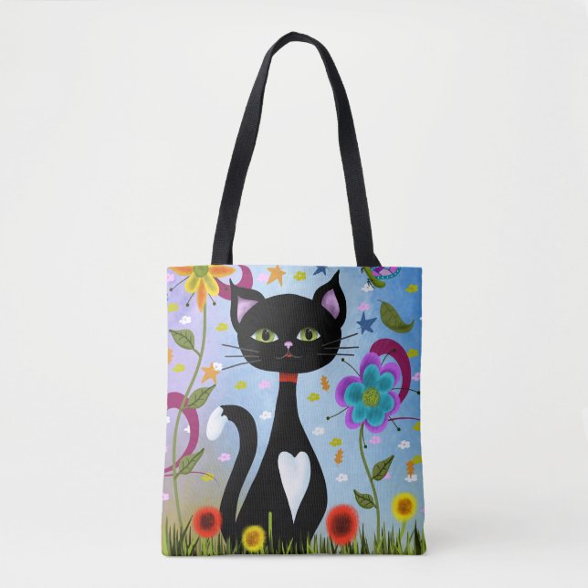 Tuxedo Cat In A Garden Abstract Art Tote Bag (Front)